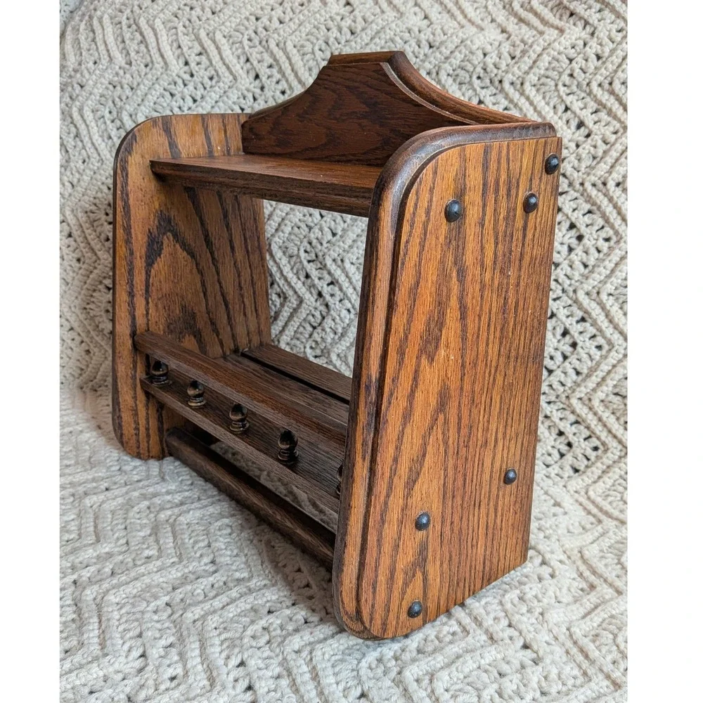 Vintage Oak Wood Wall Shelf with Spindle Rail and Towel Bar Farmhouse 13x12x6.5